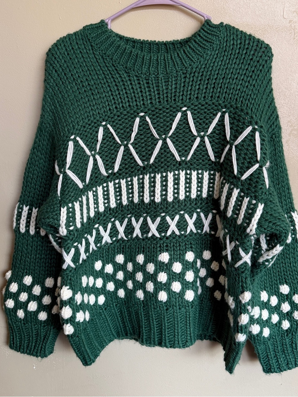 Chunky Green and White Patterned Women's Sweater From Gilli